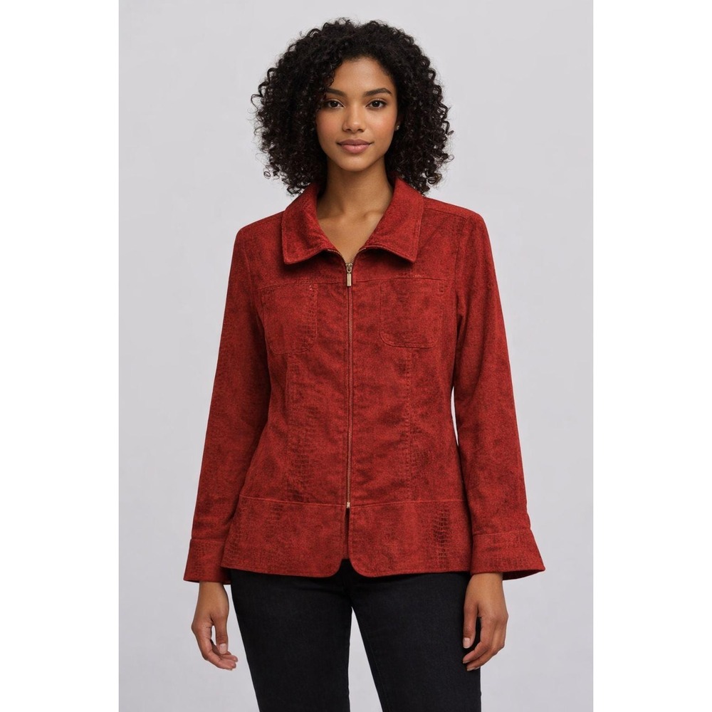 Vintage Snakeskin Print Shiny Wet Look Red Textured Zip-Up Jacket Collar M State